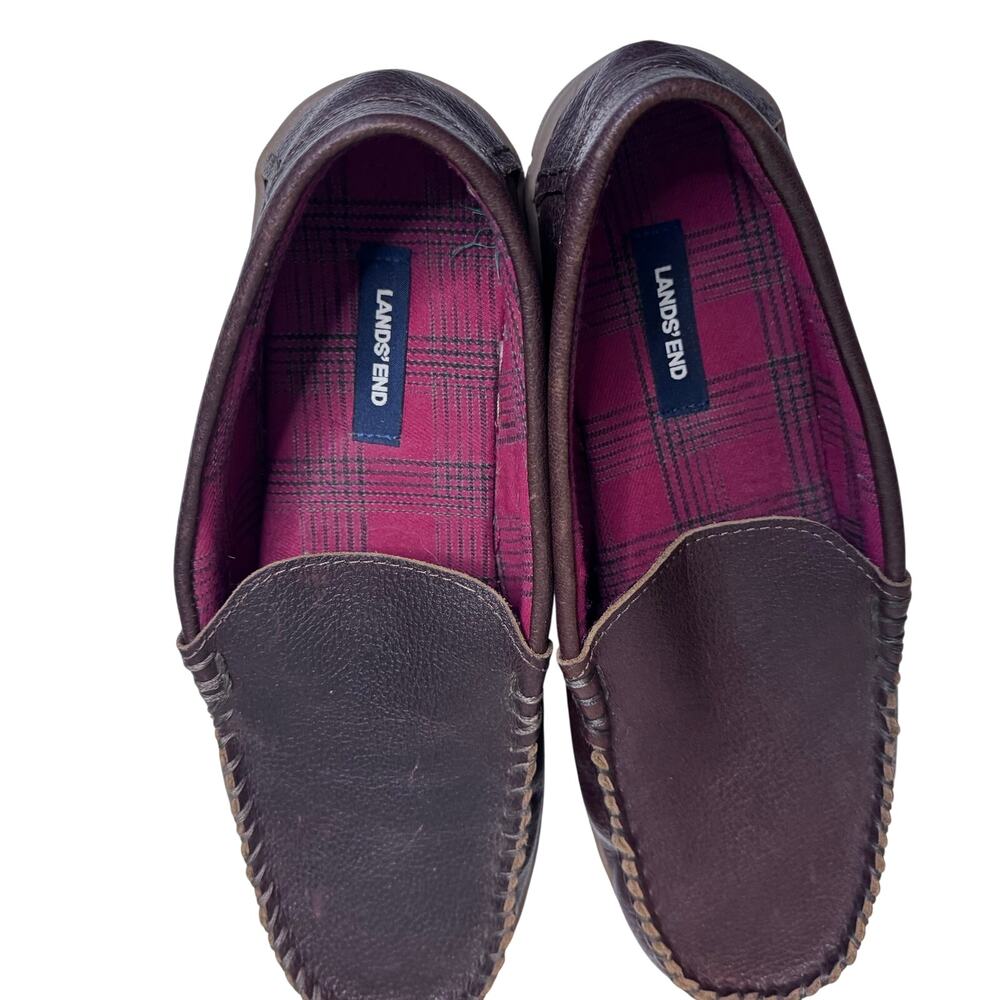 Flannel Lined Leather Moccasin House Shoes Lands End Men's Size 12D Brown Plaid